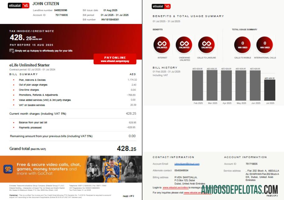 em branco Modelo de conta de serviços públicos Etisalat dos Emirados Árabes Unidos em formatos Word e PDF, 2 páginas, versão 3